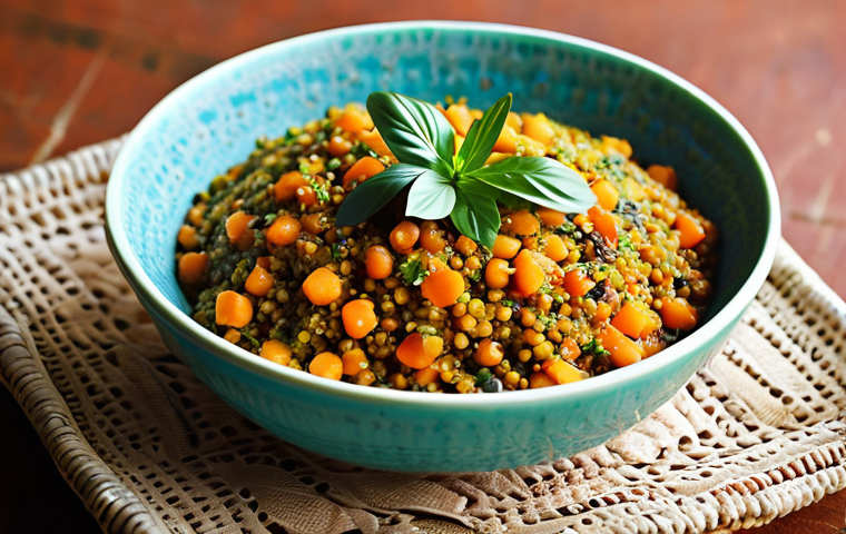 **Image:** A vibrant, modern fusion dish combining traditional Pakistani lentils (daal) with quinoa and chia seeds, garnished with fresh herbs. Focus on colorful presentation to showcase the blending of old and new ingredients.