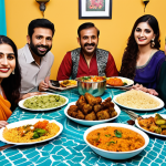 **A vibrant, modern Pakistani family enjoying a meal featuring plant-based kebabs. The table is set with traditional Urdu-style dishes and cutlery.  Focus on the expressions of delight and the colorful setting, representing the blending of tradition and healthy, modern eating habits.**