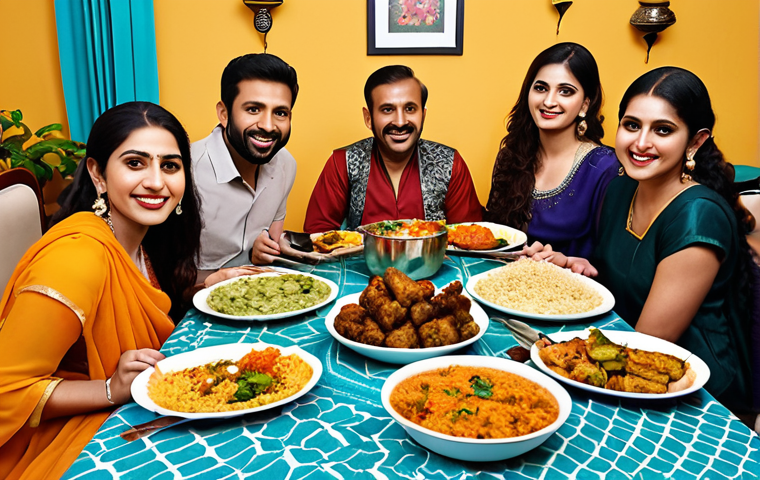 **A vibrant, modern Pakistani family enjoying a meal featuring plant-based kebabs. The table is set with traditional Urdu-style dishes and cutlery. Focus on the expressions of delight and the colorful setting, representing the blending of tradition and healthy, modern eating habits.**