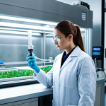 A professional female scientist, fully clothed in a modest, clean white lab coat, observing a state-of-the-art bioreactor in a futuristic, sterile biotechnology laboratory. The lab features sleek, polished surfaces, advanced scientific equipment, and subtle glowing indicators, emphasizing precision and cleanliness. The scientist maintains a natural pose, focused intently on the research. The scene is well-lit with cool, professional lighting. This image represents scientific innovation and the controlled environment of cell-cultured meat production. safe for work, appropriate content, fully clothed, professional dress, perfect anatomy, correct proportions, natural pose, well-formed hands, proper finger count, natural body proportions, high quality, professional photography, cinematic lighting.