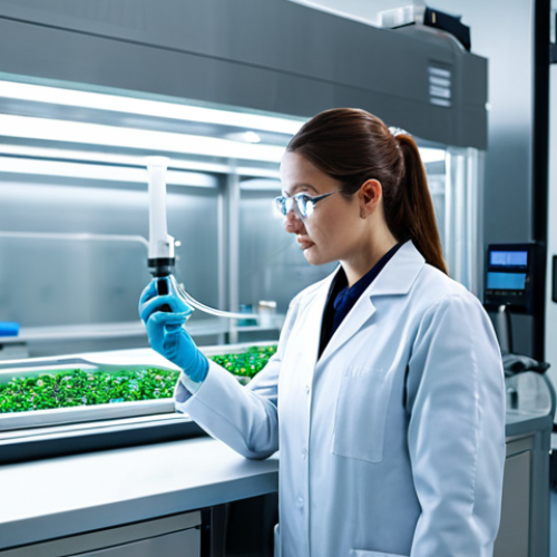 Home 8 A professional female scientist, fully clothed in a modest, clean white lab coat, observing a state-of-the-art bioreactor in a futuristic, sterile biotechnology laboratory. The lab features sleek, polished surfaces, advanced scientific equipment, and subtle glowing indicators, emphasizing precision and cleanliness. The scientist maintains a natural pose, focused intently on the research. The scene is well-lit with cool, professional lighting. This image represents scientific innovation and the controlled environment of cell-cultured meat production. safe for work, appropriate content, fully clothed, professional dress, perfect anatomy, correct proportions, natural pose, well-formed hands, proper finger count, natural body proportions, high quality, professional photography, cinematic lighting.