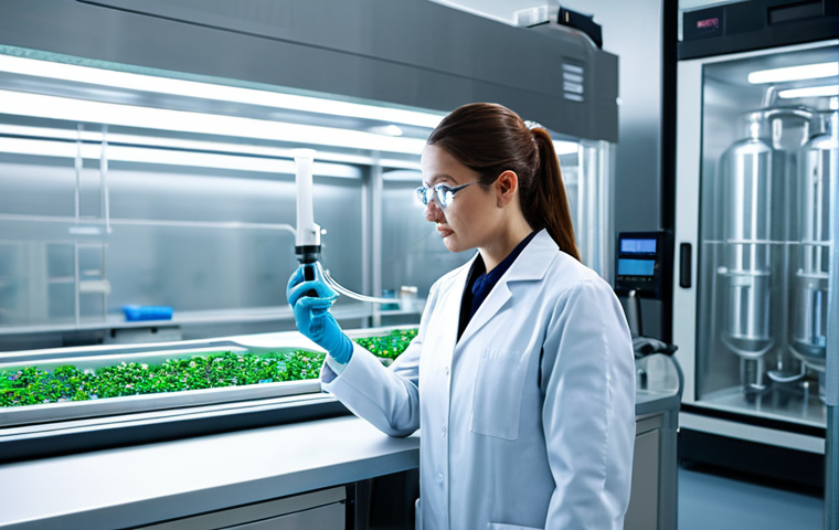 A professional female scientist, fully clothed in a modest, clean white lab coat, observing a state-of-the-art bioreactor in a futuristic, sterile biotechnology laboratory. The lab features sleek, polished surfaces, advanced scientific equipment, and subtle glowing indicators, emphasizing precision and cleanliness. The scientist maintains a natural pose, focused intently on the research. The scene is well-lit with cool, professional lighting. This image represents scientific innovation and the controlled environment of cell-cultured meat production. safe for work, appropriate content, fully clothed, professional dress, perfect anatomy, correct proportions, natural pose, well-formed hands, proper finger count, natural body proportions, high quality, professional photography, cinematic lighting.
