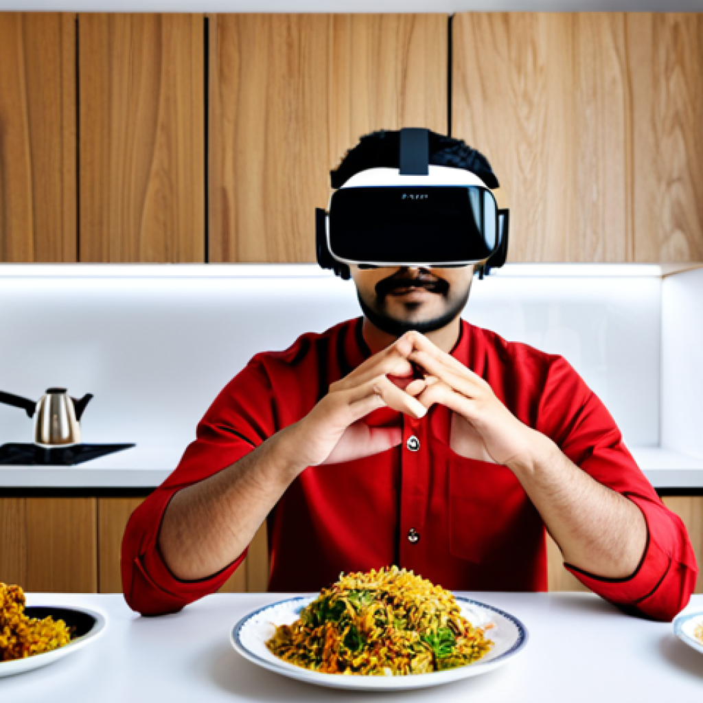 **

A modern kitchen scene showcasing a VR headset on a counter next to a table with a plate of biryani. A person is virtually experiencing a fancy restaurant in Paris through the headset. The kitchen is bright and clean, featuring stainless steel appliances and wooden cabinets. Fully clothed, safe for work, appropriate content, professional, family-friendly, perfect anatomy, natural proportions, well-formed hands, proper finger count, natural body proportions, modest clothing.

**