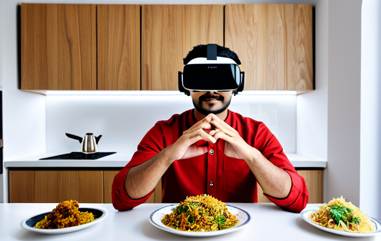 **
A modern kitchen scene showcasing a VR headset on a counter next to a table with a plate of biryani. A person is virtually experiencing a fancy restaurant in Paris through the headset. The kitchen is bright and clean, featuring stainless steel appliances and wooden cabinets. Fully clothed, safe for work, appropriate content, professional, family-friendly, perfect anatomy, natural proportions, well-formed hands, proper finger count, natural body proportions, modest clothing.
**