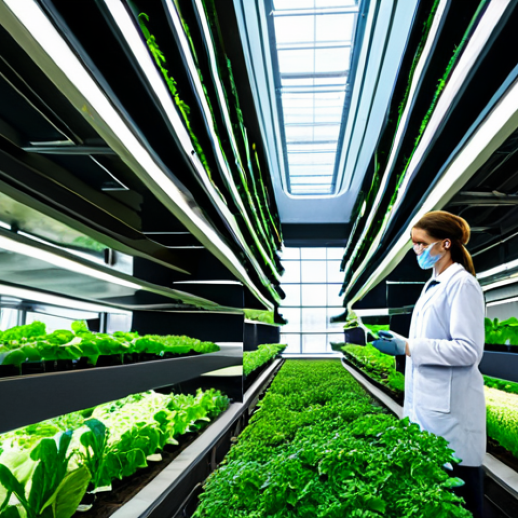 **
"Vertical farm inside a modern city building. Lush green plants growing in stacked layers. Drones monitoring crops. People in lab coats examining produce. Futuristic, sustainable agriculture. Safe for work, appropriate content, fully clothed, professional."
**