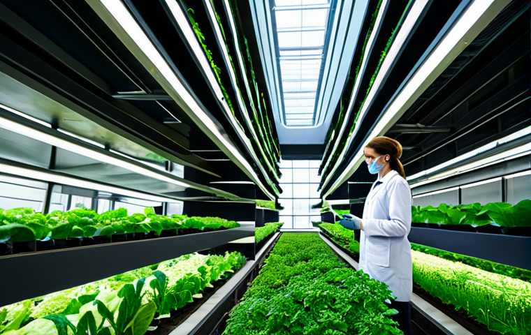 **
"Vertical farm inside a modern city building. Lush green plants growing in stacked layers. Drones monitoring crops. People in lab coats examining produce. Futuristic, sustainable agriculture. Safe for work, appropriate content, fully clothed, professional."
**