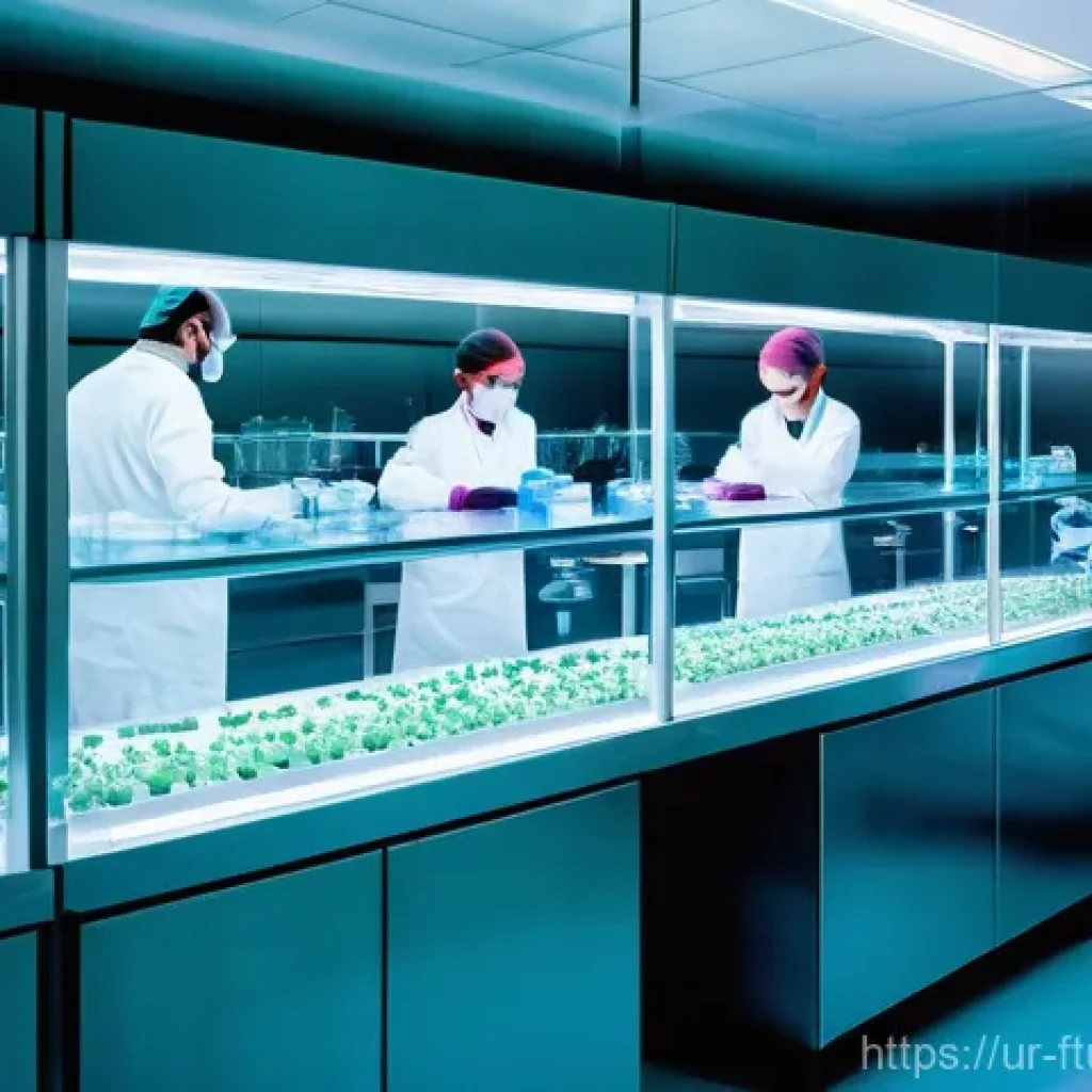 소비자 요구에 맞춘 미래식품 개발 - **Prompt:** A high-tech, sterile laboratory interior with soft, ambient lighting. Diverse scientists...