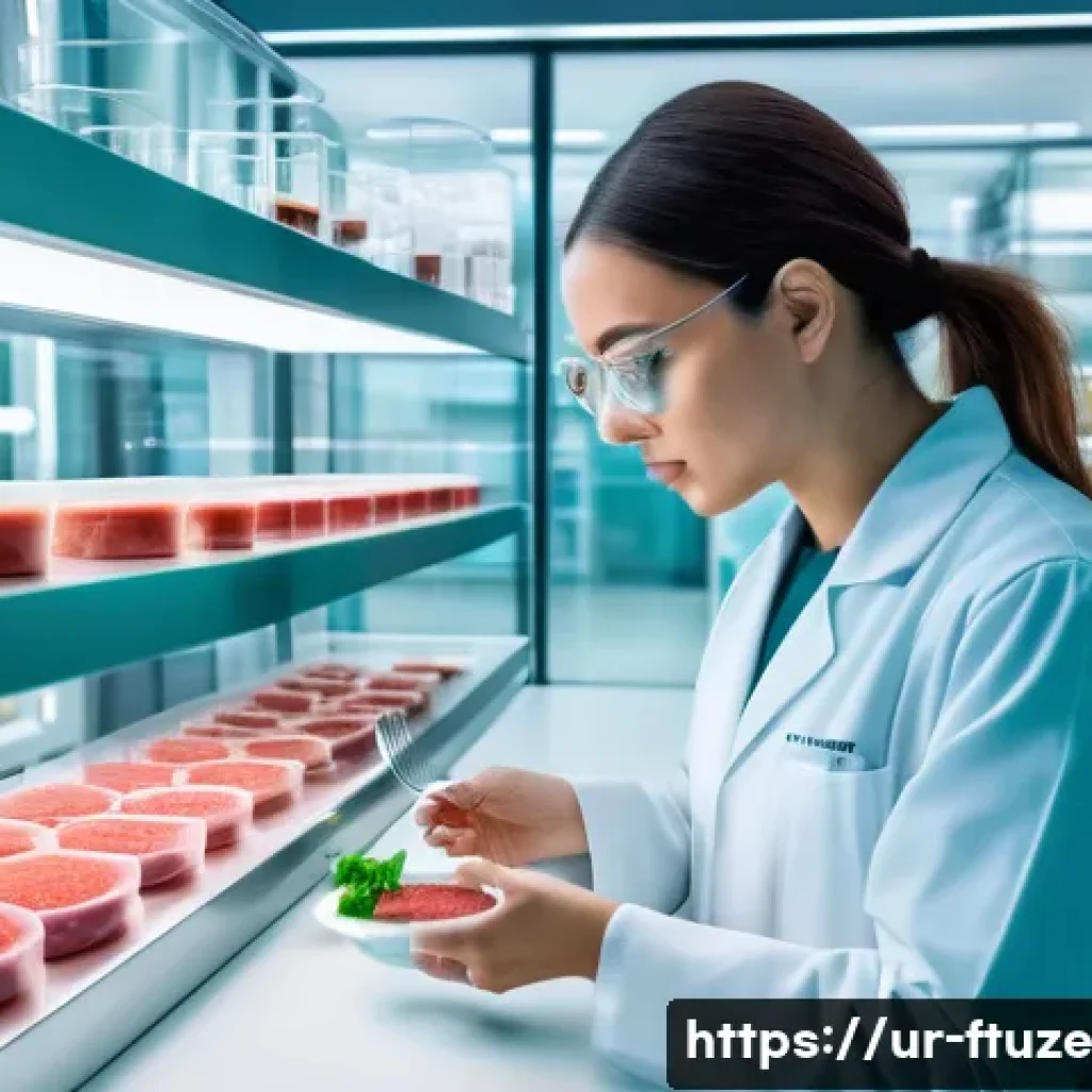 미래식품의 충격적인 변화 예측 - A futuristic food laboratory scene featuring a scientist in clean lab attire tasting artificial meat...