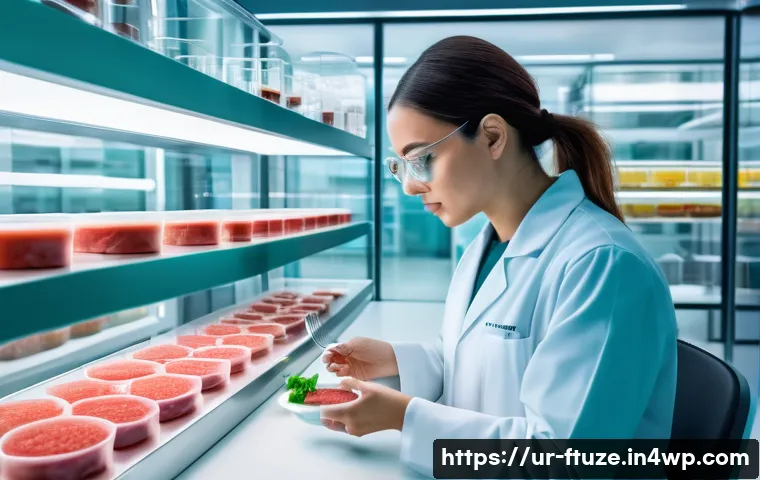 미래식품의 충격적인 변화 예측 - A futuristic food laboratory scene featuring a scientist in clean lab attire tasting artificial meat...