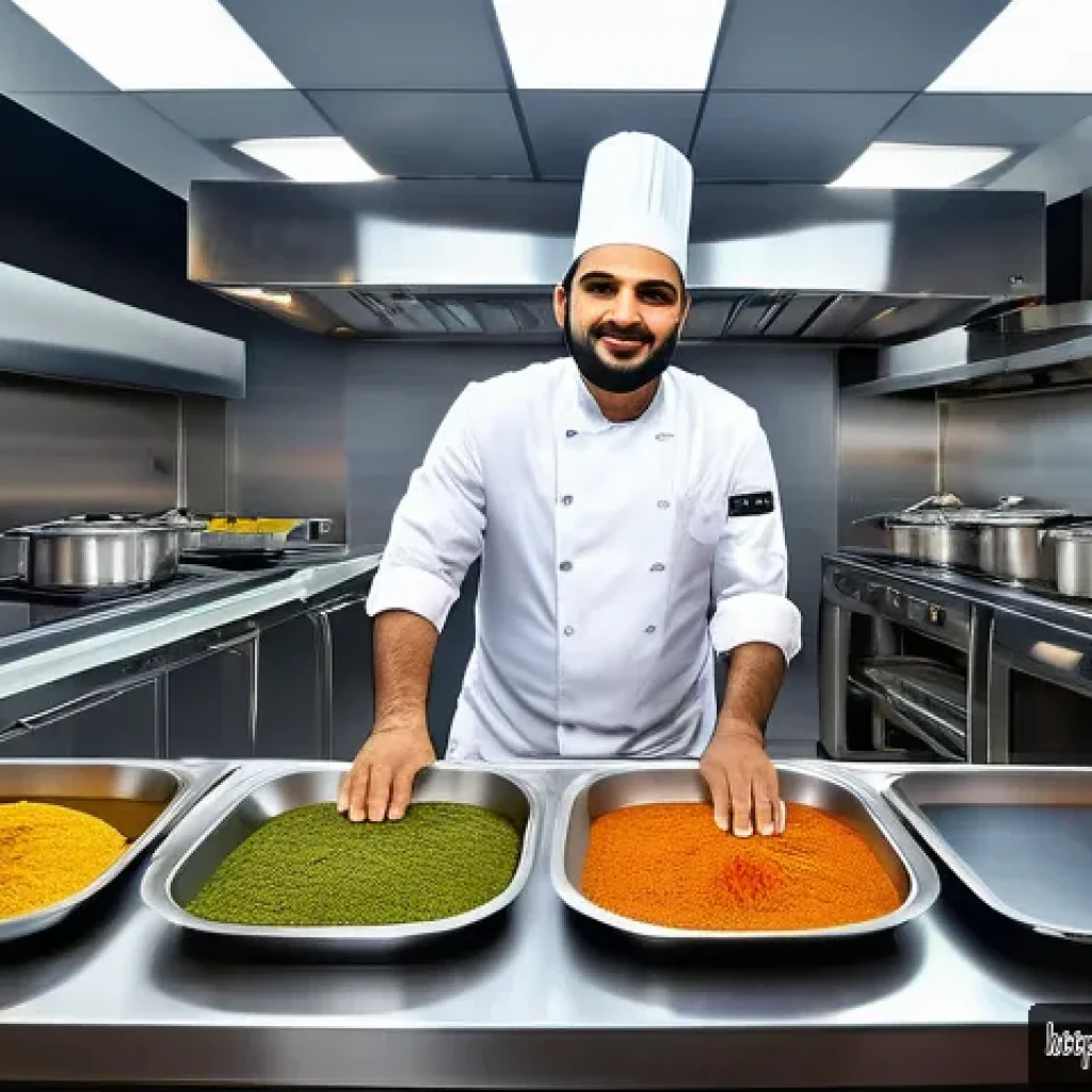 미래식품의 소비자 경험 향상 전략 - A modern Pakistani kitchen scene featuring a professional chef in modest attire using advanced smart...