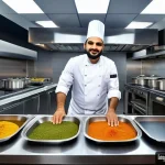 Home 20 미래식품의 소비자 경험 향상 전략 - A modern Pakistani kitchen scene featuring a professional chef in modest attire using advanced smart...