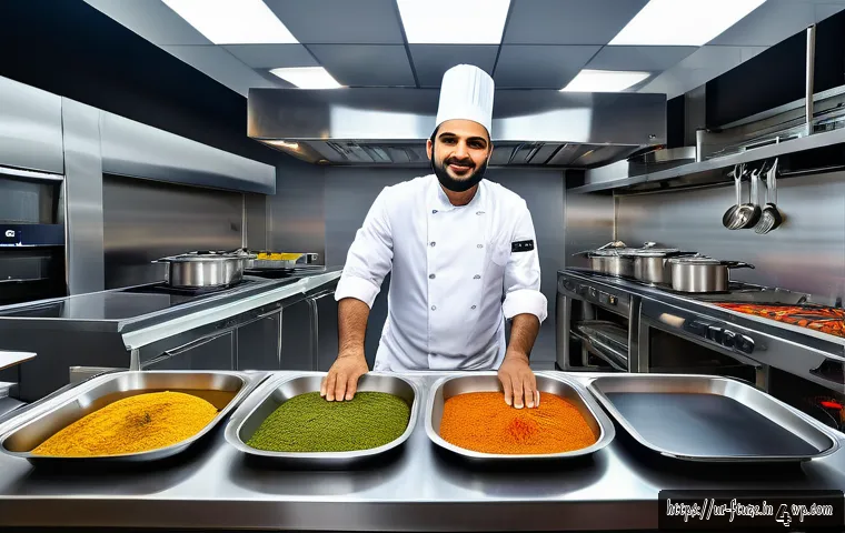 미래식품의 소비자 경험 향상 전략 - A modern Pakistani kitchen scene featuring a professional chef in modest attire using advanced smart...