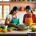 Home 19 소비자 행동 변화에 대한 미래식품 대응 - A vibrant kitchen scene showcasing a South Asian family preparing a healthy meal using turmeric, fre...