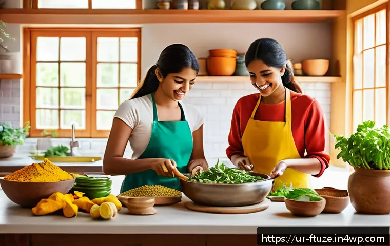소비자 행동 변화에 대한 미래식품 대응 - A vibrant kitchen scene showcasing a South Asian family preparing a healthy meal using turmeric, fre...