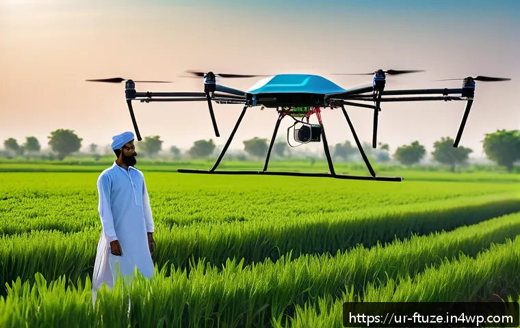 미래식품 혁신을 위한 정부 정책 - A vibrant rural Pakistani village scene showcasing modern agriculture technology integration: farmer...