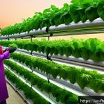 Home 23 기후 변화 대응을 위한 식품 혁신 - A vibrant urban hydroponic garden scene in Pakistan, showcasing lush green vegetables growing in ver...