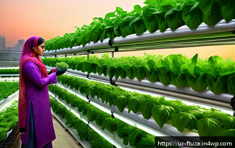 기후 변화 대응을 위한 식품 혁신 - A vibrant urban hydroponic garden scene in Pakistan, showcasing lush green vegetables growing in ver...
