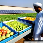 Home 23 식품 혁신의 경제적 이점 - Photorealistic documentary-style scene of a solar-powered cold storage hub beside fertile farmland i...