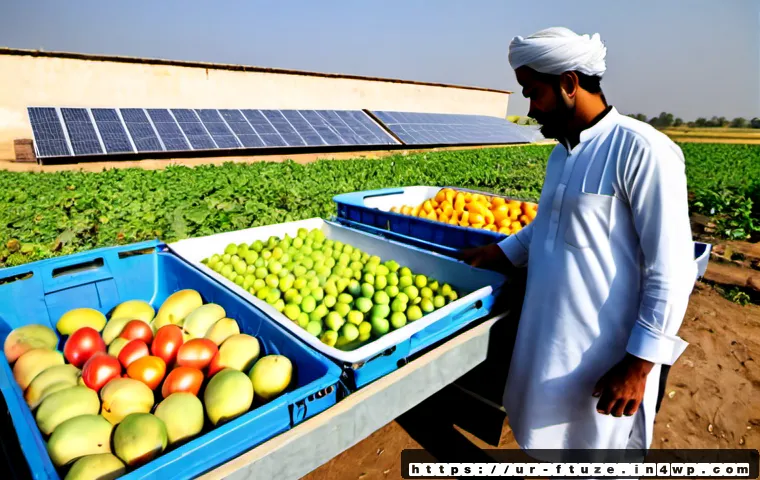 식품 혁신의 경제적 이점 - Photorealistic documentary-style scene of a solar-powered cold storage hub beside fertile farmland i...