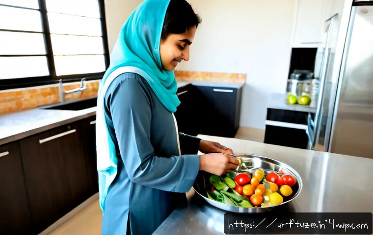 Home 17 미래식품의 패키징 혁신 - Photorealistic modern Pakistani family kitchen, a mother in modest shalwar kameez placing fresh vege...