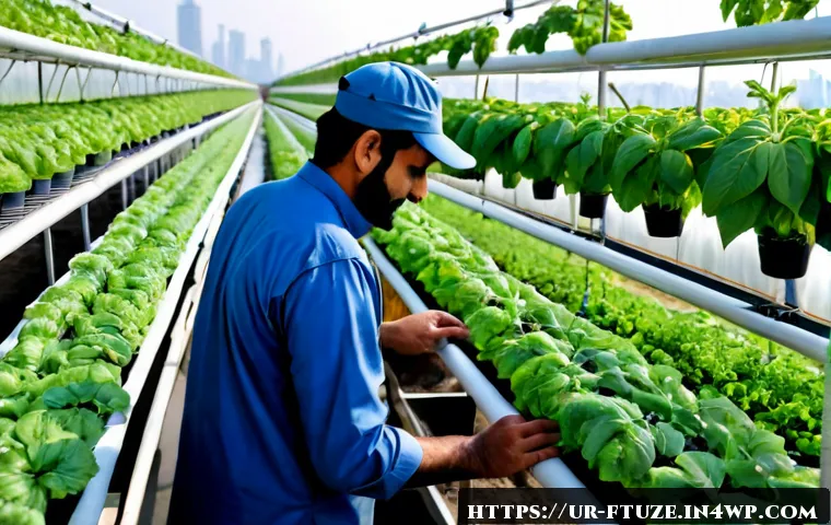 Home 17 미래식품의 생산성과 식량 안보 - Photorealistic modern vertical farm in Pakistan, Pakistani agricultural engineer in modest workwear ...